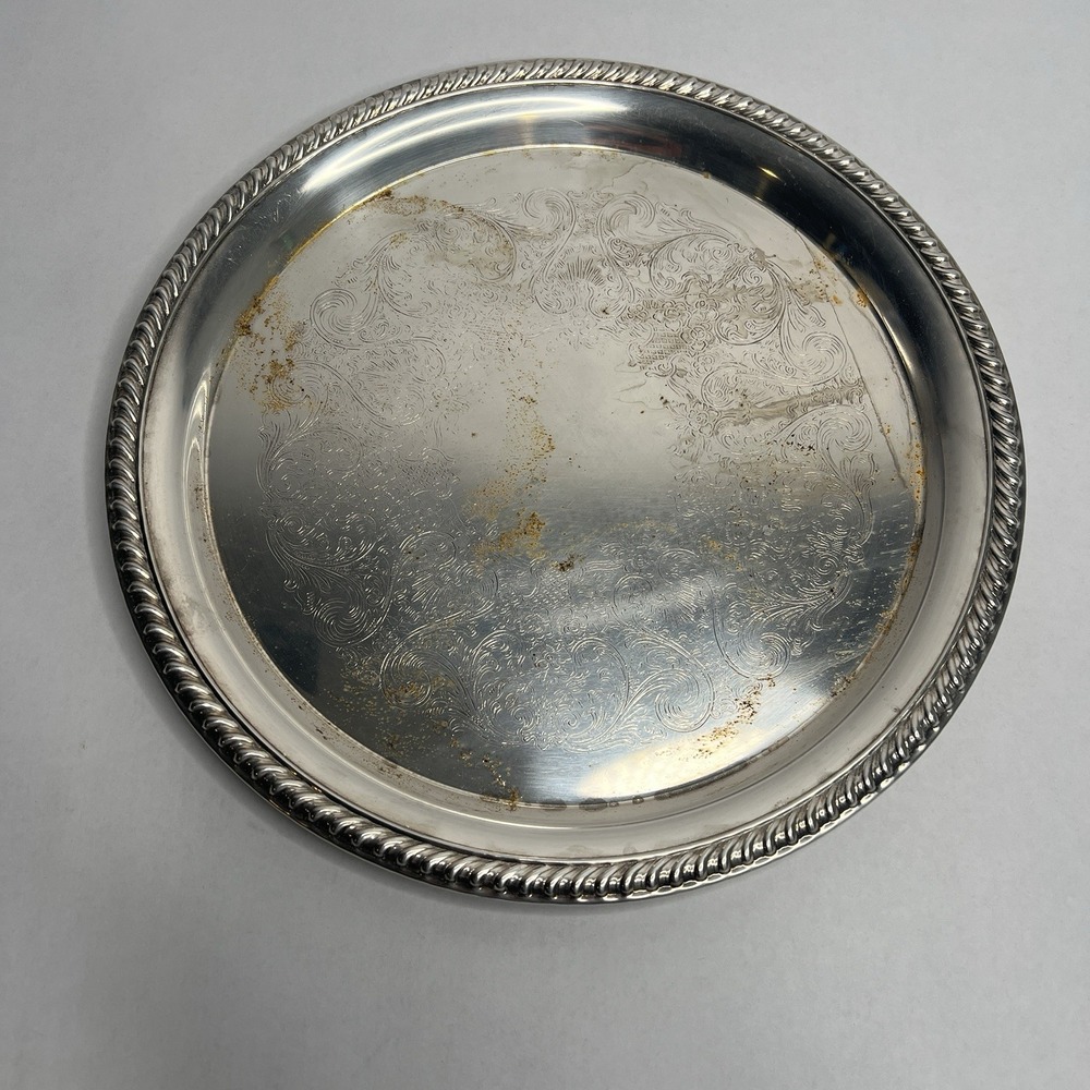 Vtg Wm. Rogers 12.5" Silverplate Round Scroll Serving Tray Plate Antique Edge